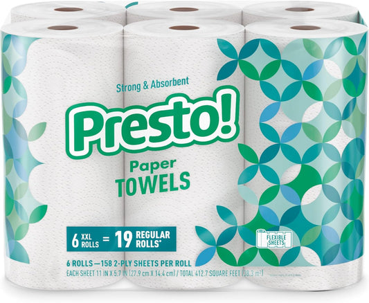 Amazon Brand - Presto! Flex-a-Size Paper Towels, 158 Sheet Huge roll, 6 Rolls, Equivalent to 19 Regular Rolls, White