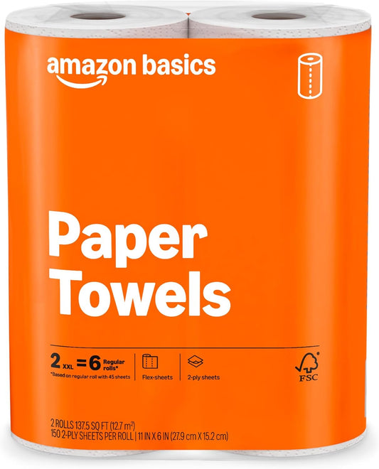Amazon Basics 2-Ply Flex-Sheets Paper Towels, 12 Basics Rolls = 32 Regular Rolls, Everyday Value with 150 Sheets per Roll
