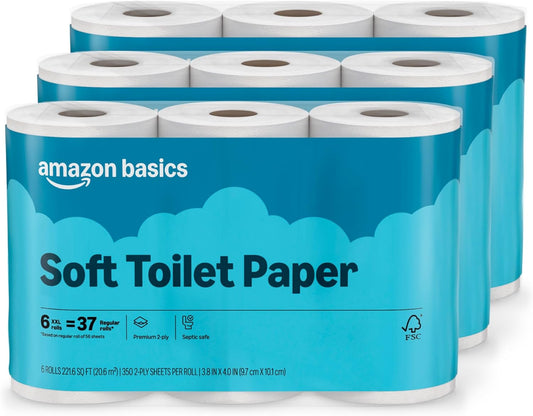 Amazon Basics 2-Ply Soft Toilet Paper, 30 Rolls (5 Packs of 6), Equivalent to 185 Regular Rolls, Packaging May Vary