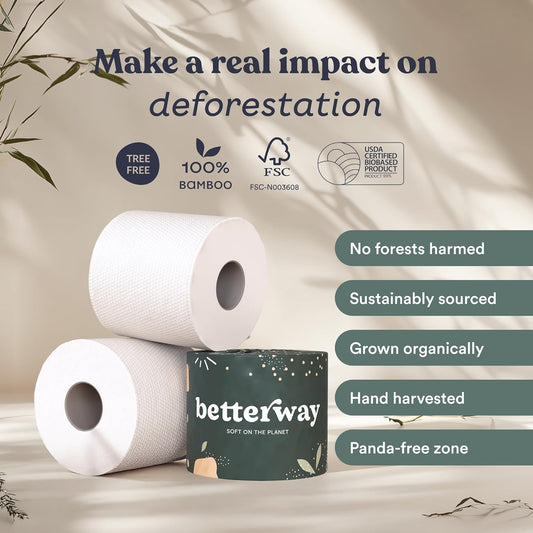 Betterway Bamboo Toilet Paper 3 Ply - Sustainable Toilet Tissue - 12 Double Rolls & 360 Sheets Per Roll - Septic Safe - Organic, Plastic & PFAS Free - FSC Certified