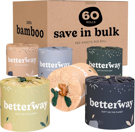 Betterway Bamboo Toilet Paper 3 Ply - Sustainable Toilet Tissue - 12 Double Rolls & 360 Sheets Per Roll - Septic Safe - Organic, Plastic & PFAS Free - FSC Certified
