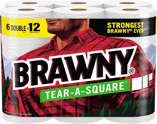 Brawny® Tear-A-Square® Paper Towels, 6 Double Rolls = 12 Regular Rolls