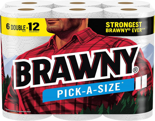 Brawny Pick-A-Size Paper Towels, 6 Double Rolls = 12 Regular Rolls, 2 Sheet Sizes (Half or Full), Strong Paper Towel For Everyday Use