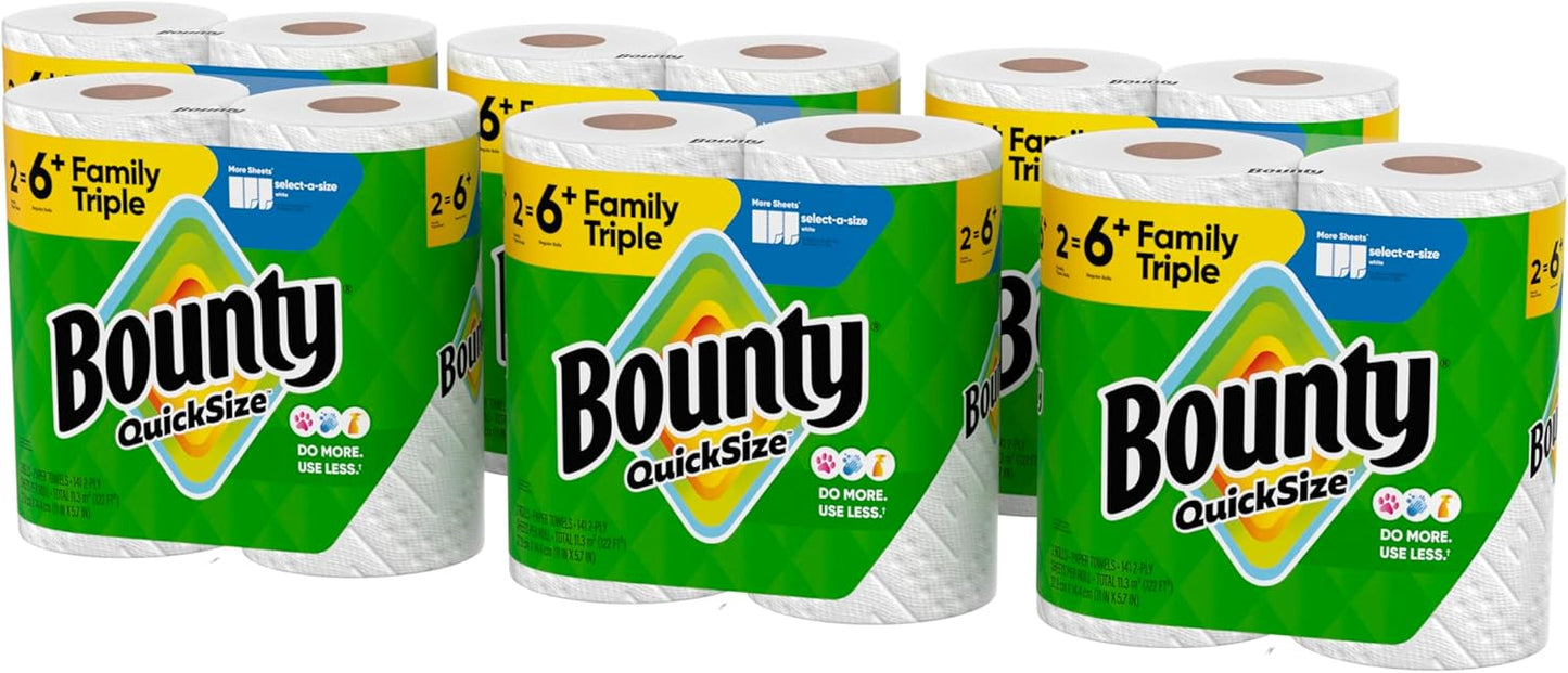 Bounty Quick-Size Paper Towels, White, 12 Family Rolls = 30 Regular Rolls