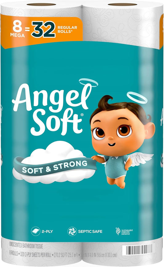 Angel Soft Toilet Paper, 24 Super Mega Rolls = 144 Regular Rolls, Soft and Strong Toilet Tissue