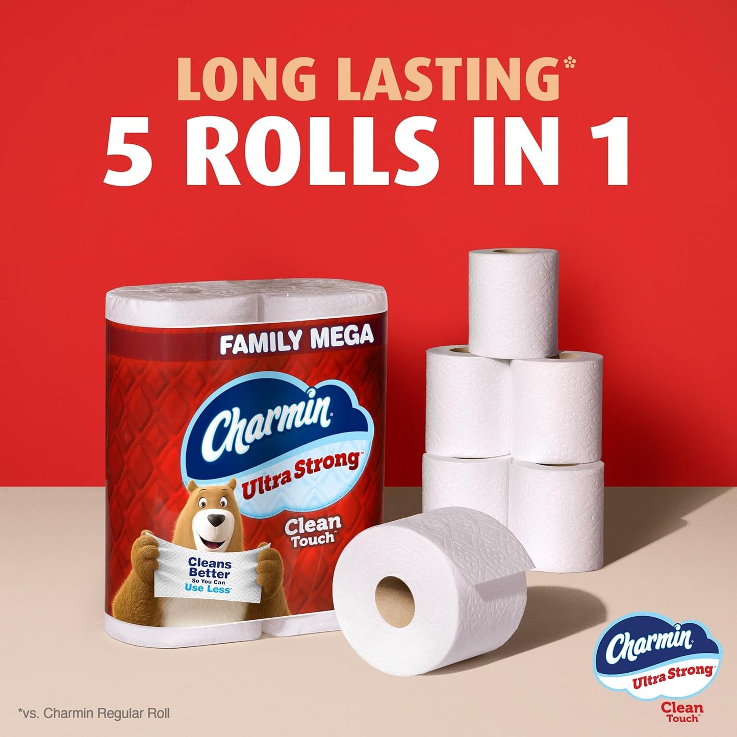 Charmin Ultra Strong Clean Touch Toilet Paper, 18 Family Mega Rolls = 90 Regular Rolls