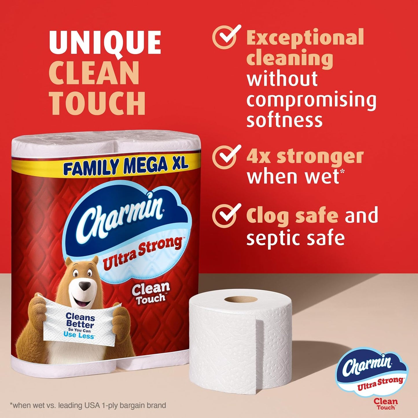Charmin Ultra Strong Clean Touch Toilet Paper, 18 Family Mega Rolls = 90 Regular Rolls