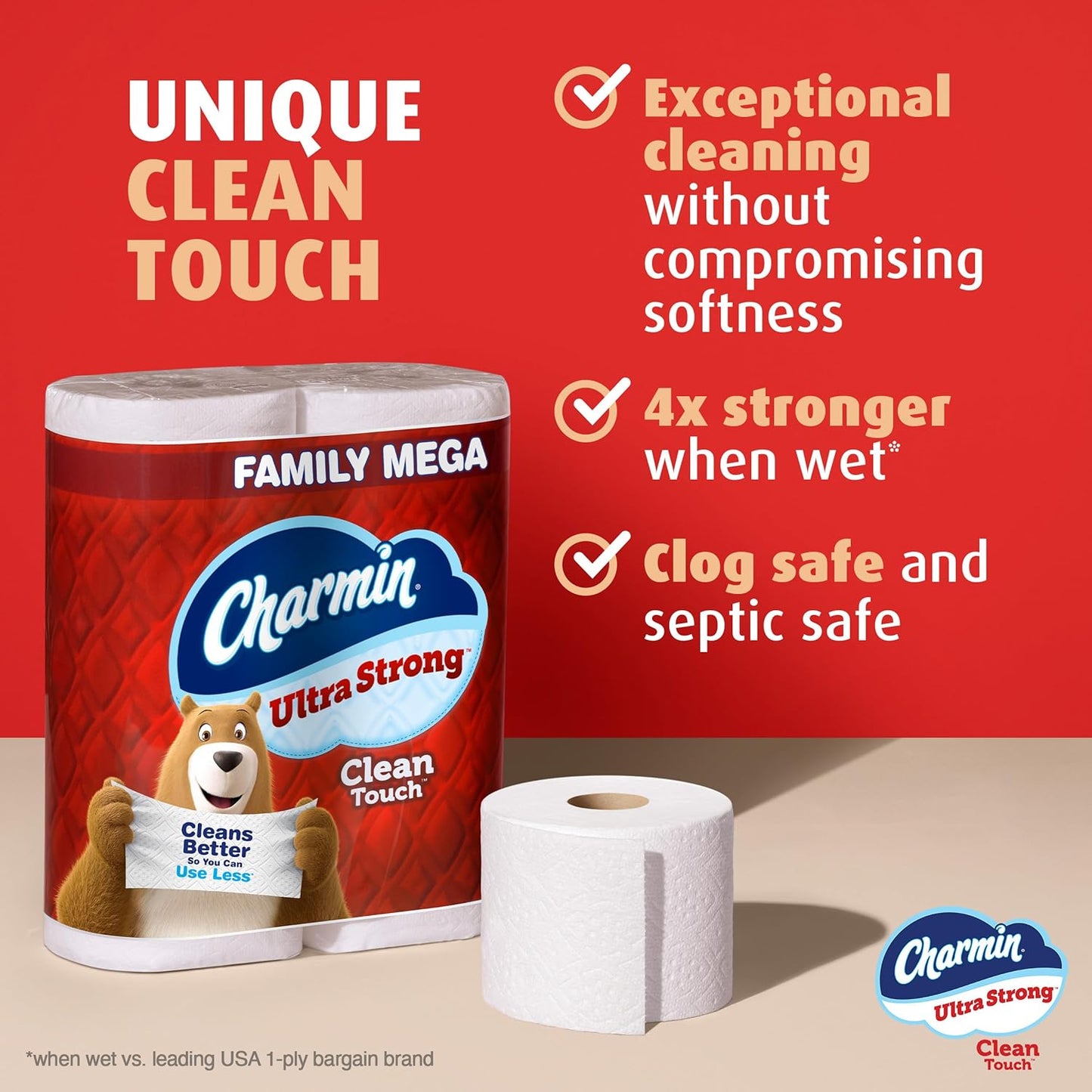 Charmin Ultra Strong Clean Touch Toilet Paper, 18 Family Mega Rolls = 90 Regular Rolls