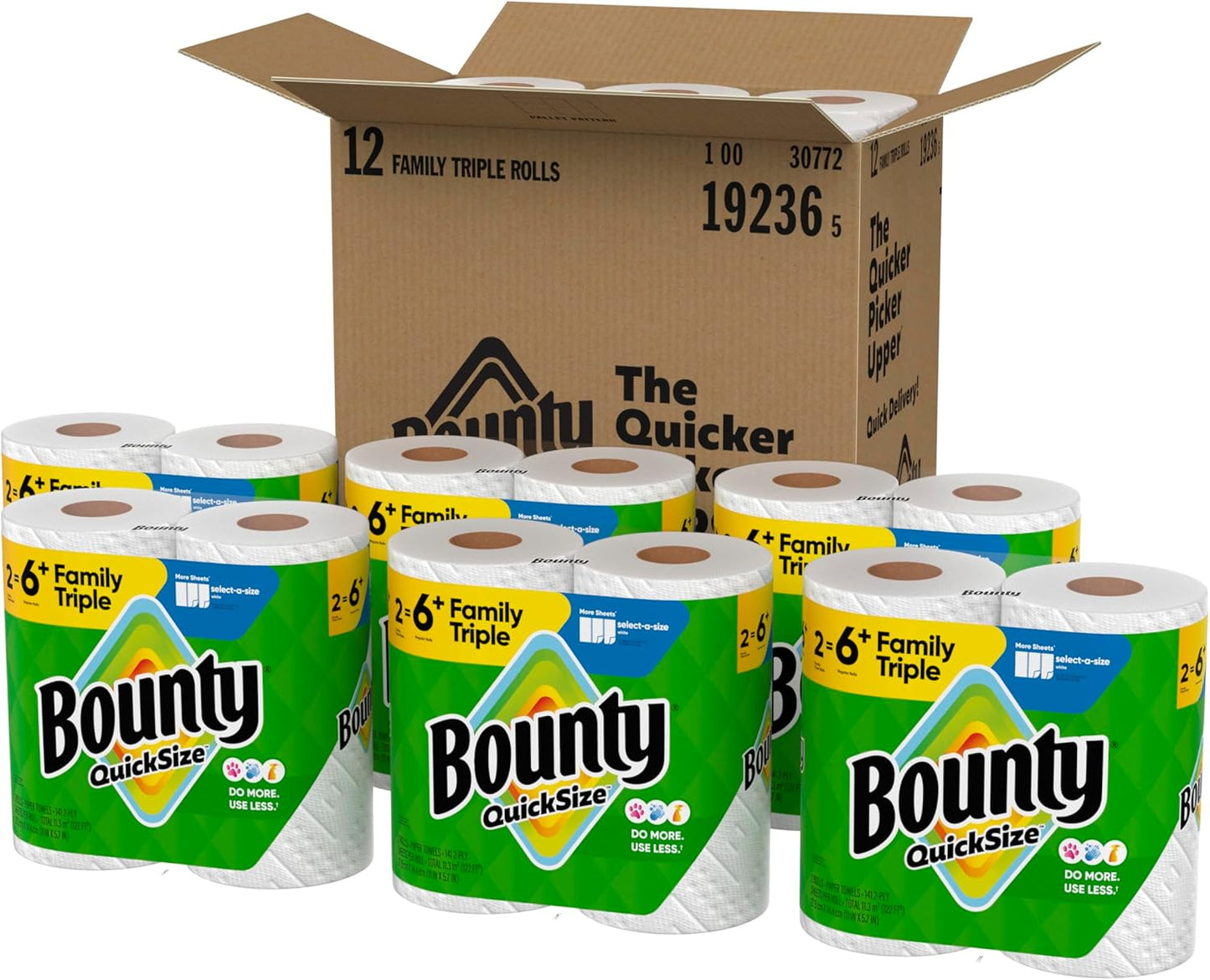 Bounty Quick-Size Paper Towels, White, 12 Family Rolls = 30 Regular Rolls